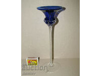 Hand-blown glass candlestick - colorless and cobalt, ref.