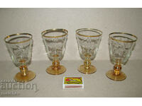 Lot of 4 glass aperitif glasses engraved gilt 1960s