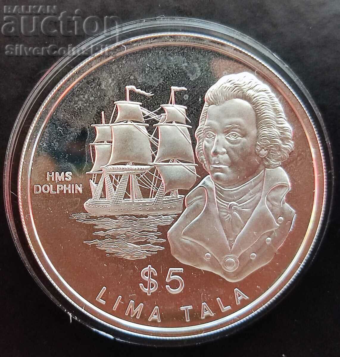 Silver 5 Tala Ship Dolphin 1989 Tokelau