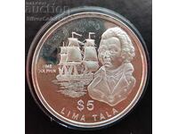 Silver 5 Tala Ship Dolphin 1989 Tokelau