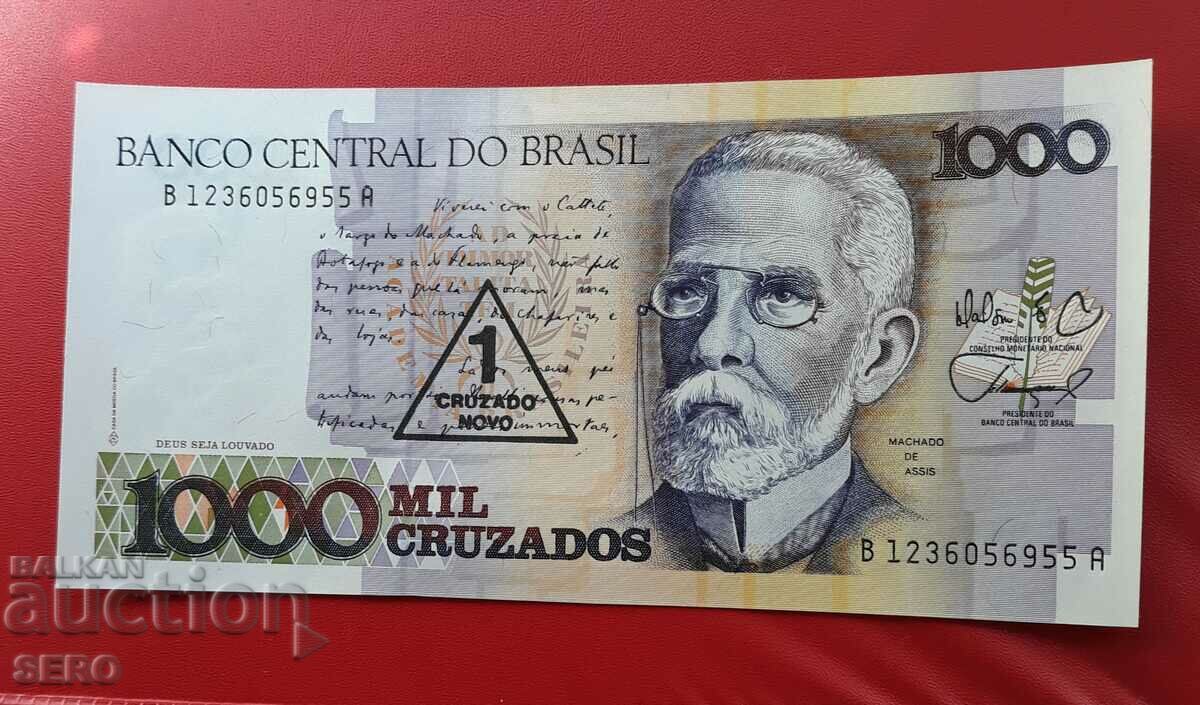 Bancnotă-Brazilia-1 cruzeiro nou pe o bancnotă de 1000 kr.