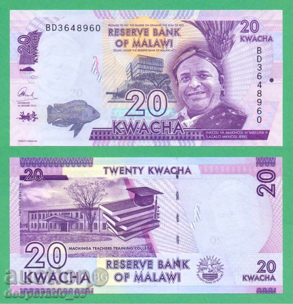 (¯`'•.¸ ΜΑΛΑΟΥΙ 20 Kwacha 2016 UNC ¸.•'´¯)