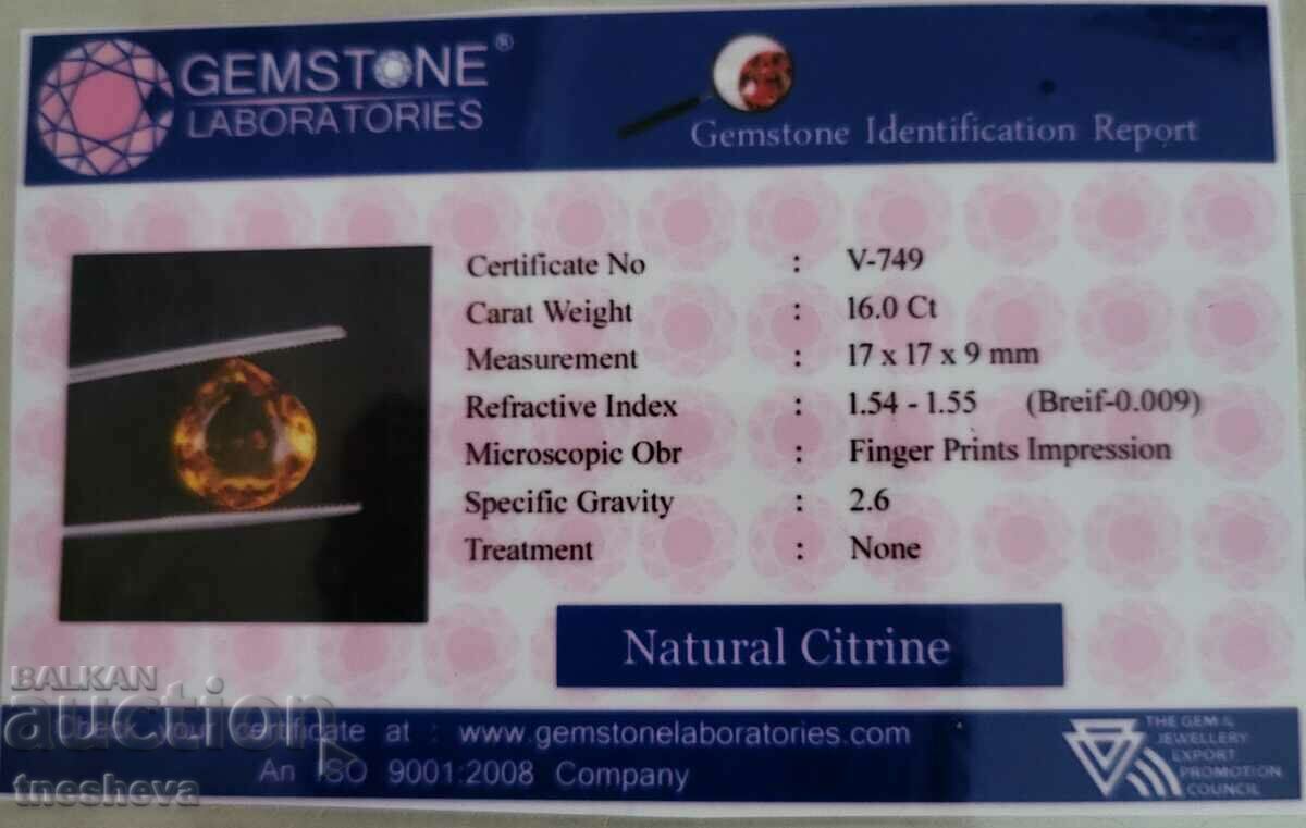 Delivery of Delicate yellow citrine 16.00 ct.+ certificate