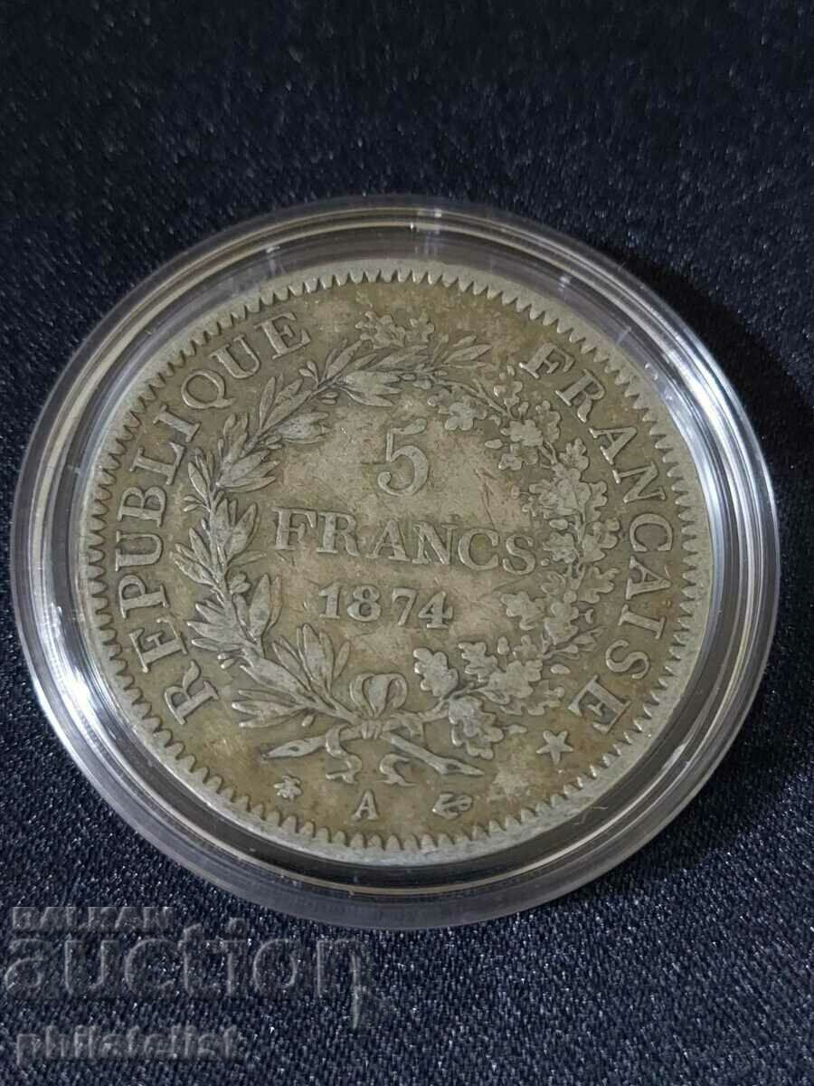 France 1874 A - 5 Francs - Silver Coin