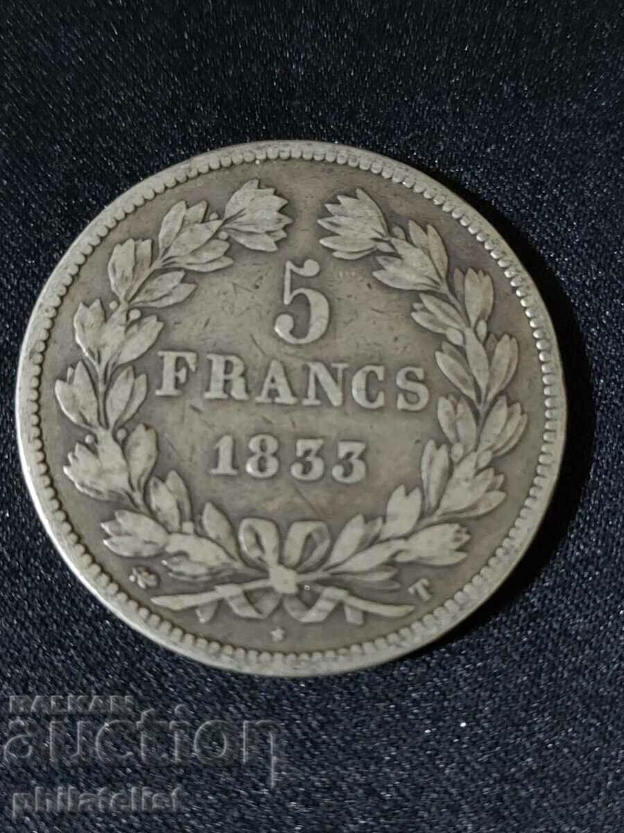 France 1833 T - 5 Francs - Silver Coin