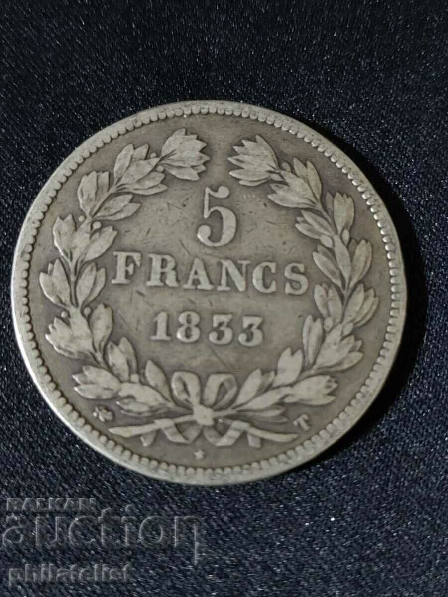 France 1833 T - 5 Francs - Silver Coin