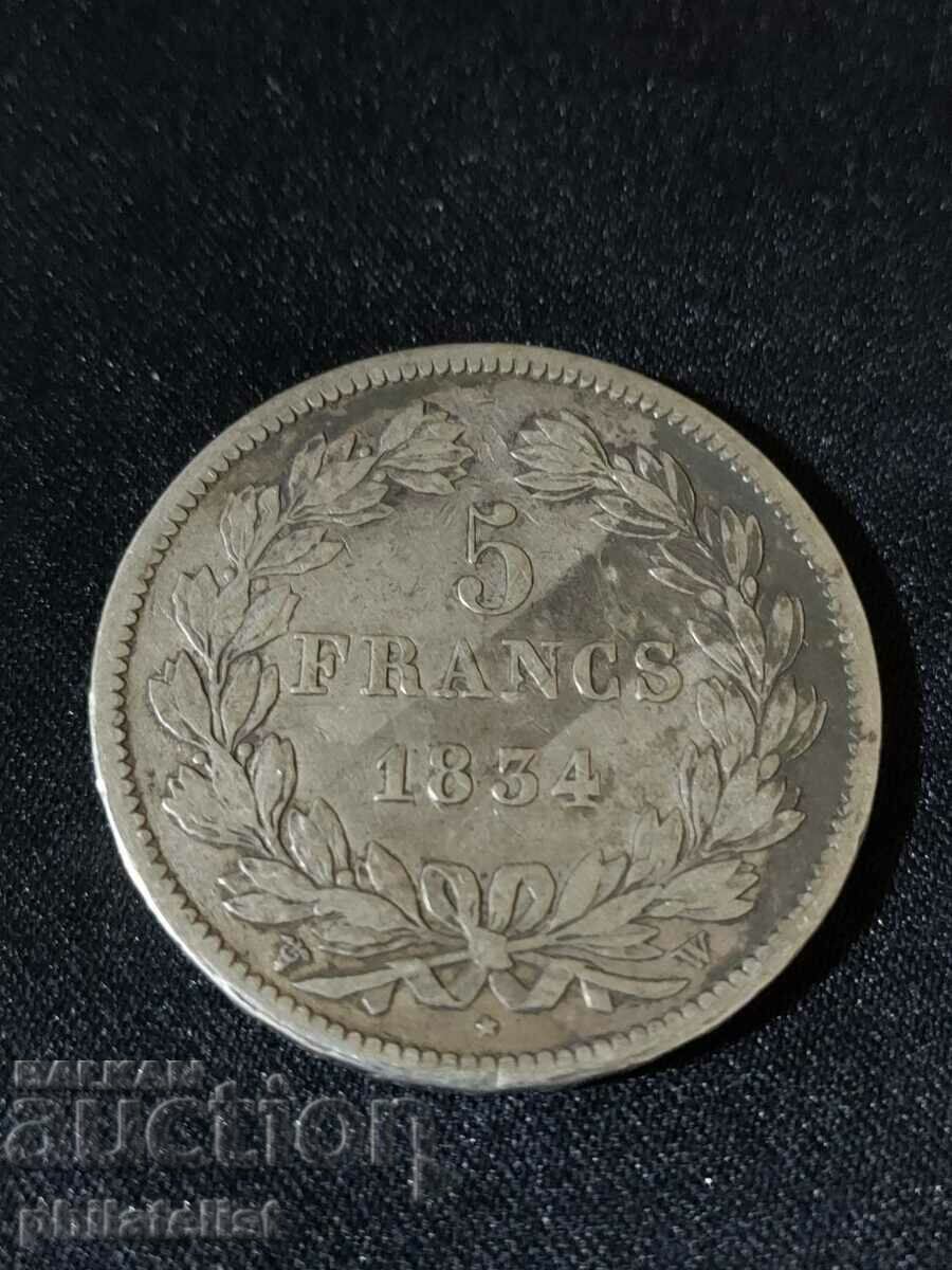 France 1834 W - 5 Francs - Silver Coin