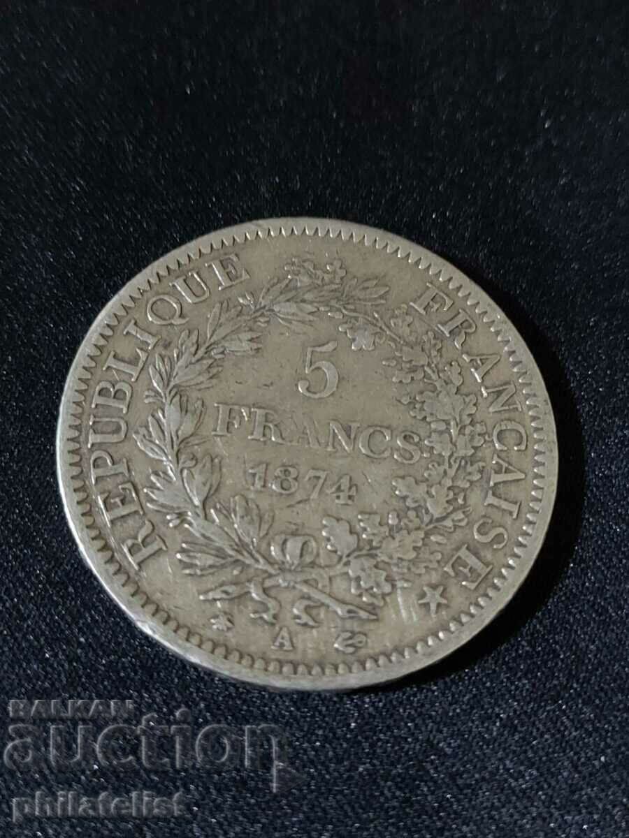 France 1874 A - 5 Francs - Silver Coin