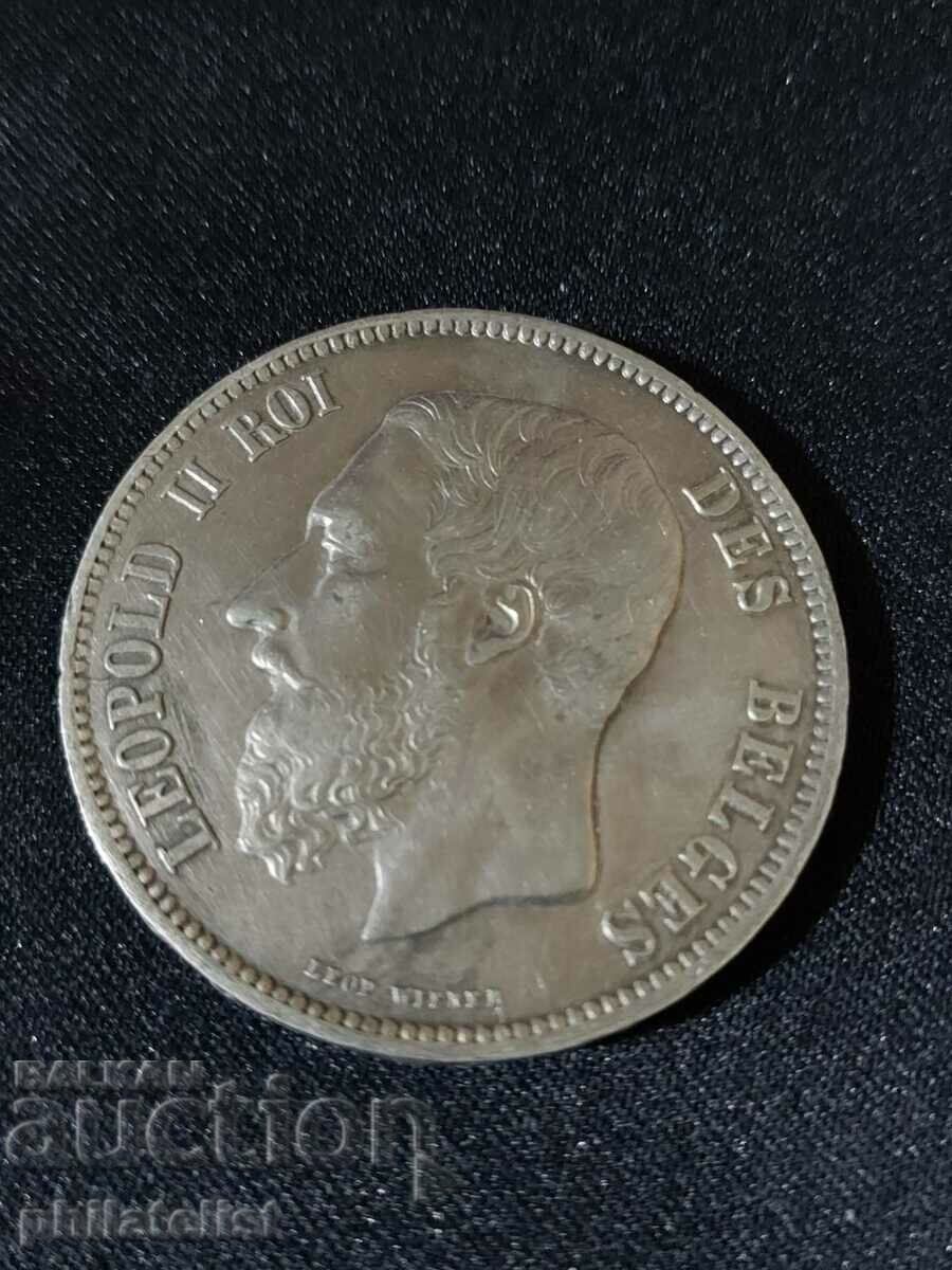 Belgium 1869 - 5 Francs - Leopold II Silver Coin