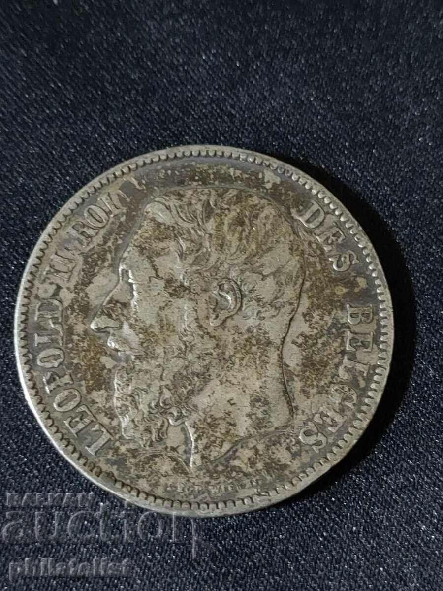 Belgia 1872 - 5 franci - monedă de argint, Leopold al II-lea