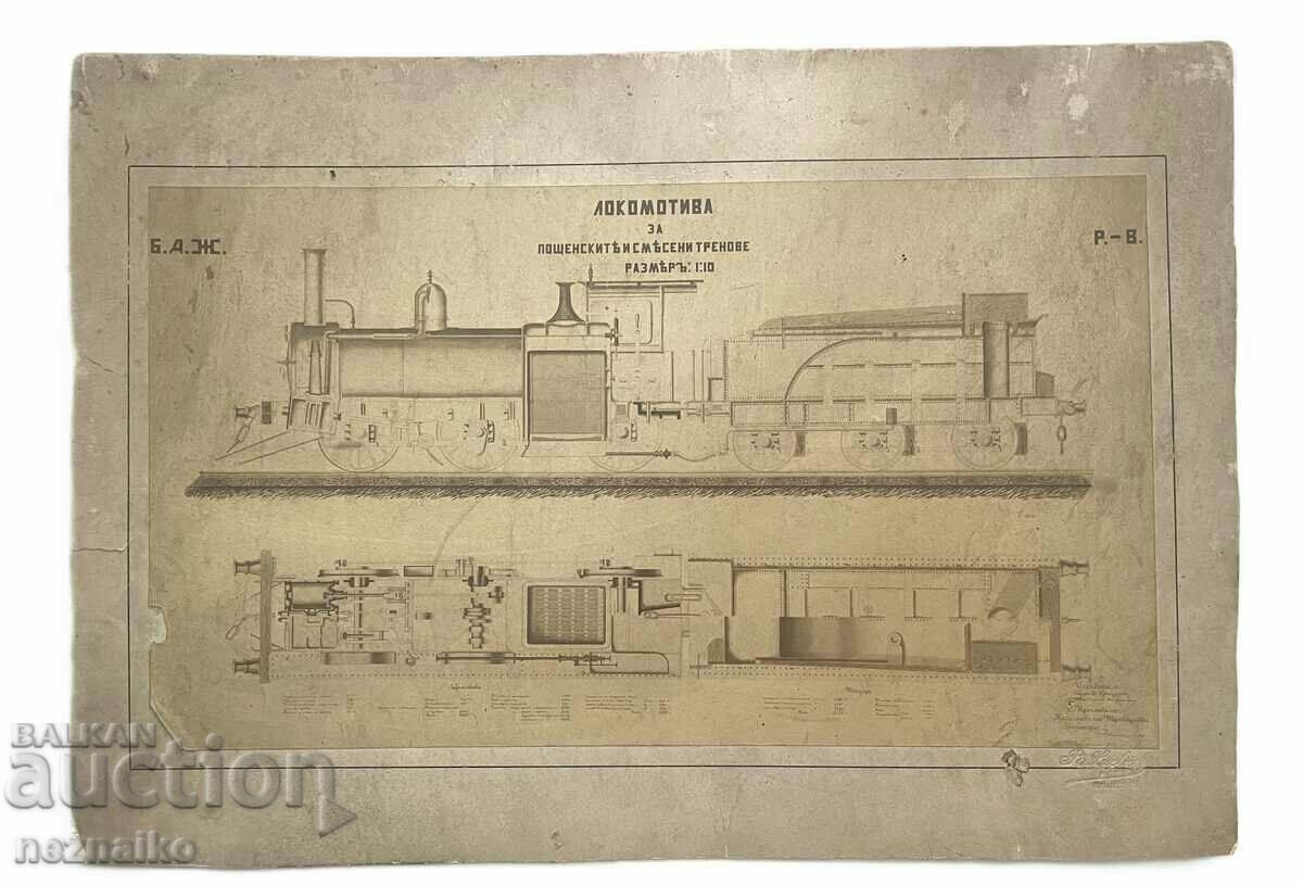 Old map, board: Locomotive for mail and mixed trains