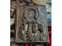 Antique pocket icon of Jesus Christ with metal fittings