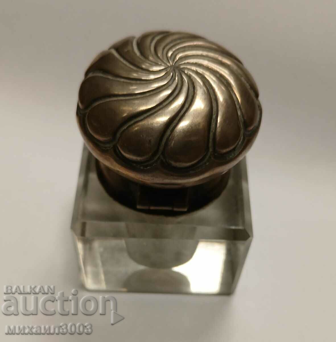 Auction  Antique old small crystal inkwell with silver cap