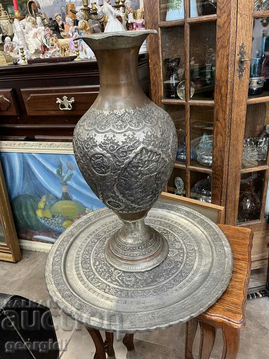 Persian hand forged / hammered vase with tray. #5867