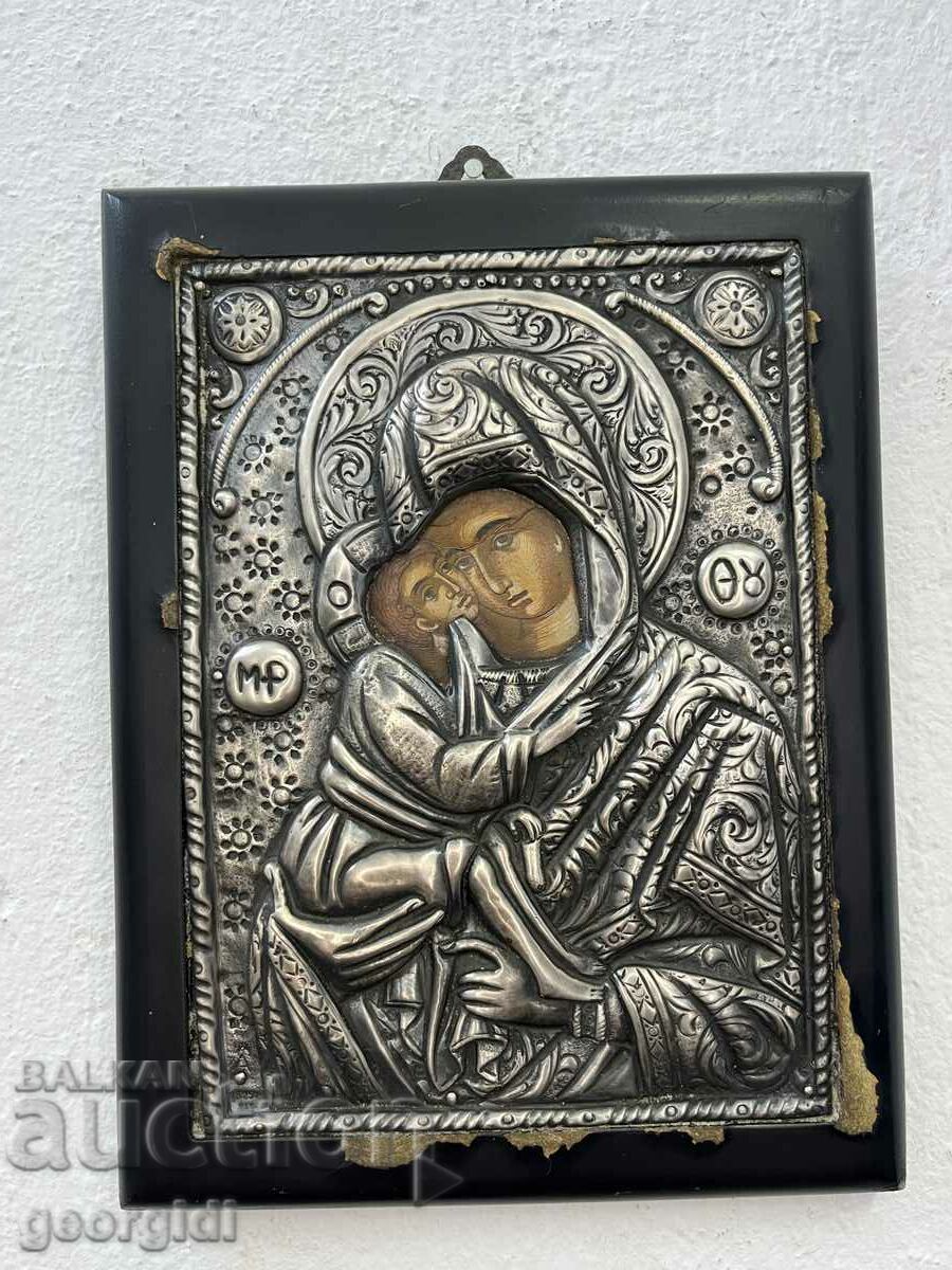 Greek silver icon - Virgin Mary with the Child. #5876