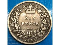 Marea Britanie 6 Pence 1855 Young Victoria Silver - RAR