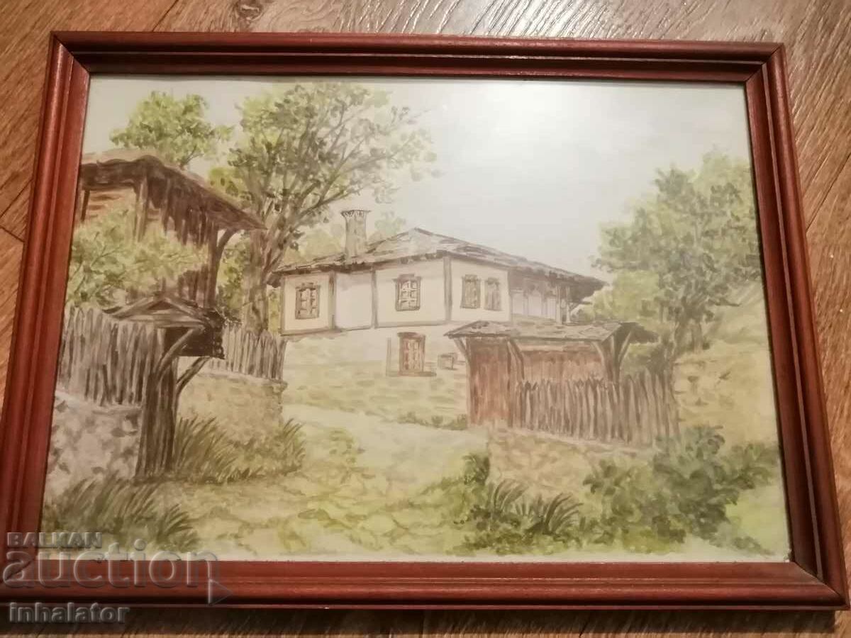 Bozhentsi watercolor in a wooden frame 43 - 32 cm