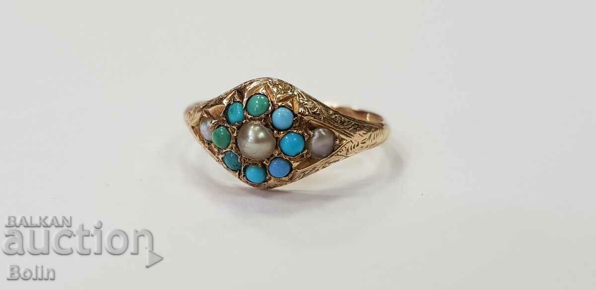 Victorian gold ring with pearls and turquoises 19th century