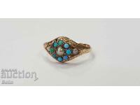 Victorian gold ring with pearls and turquoises 19th century