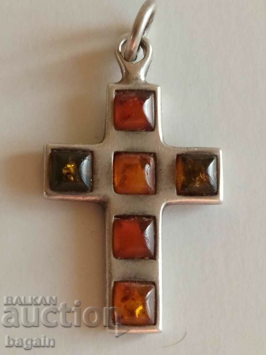 Unique cross, silver, amber.