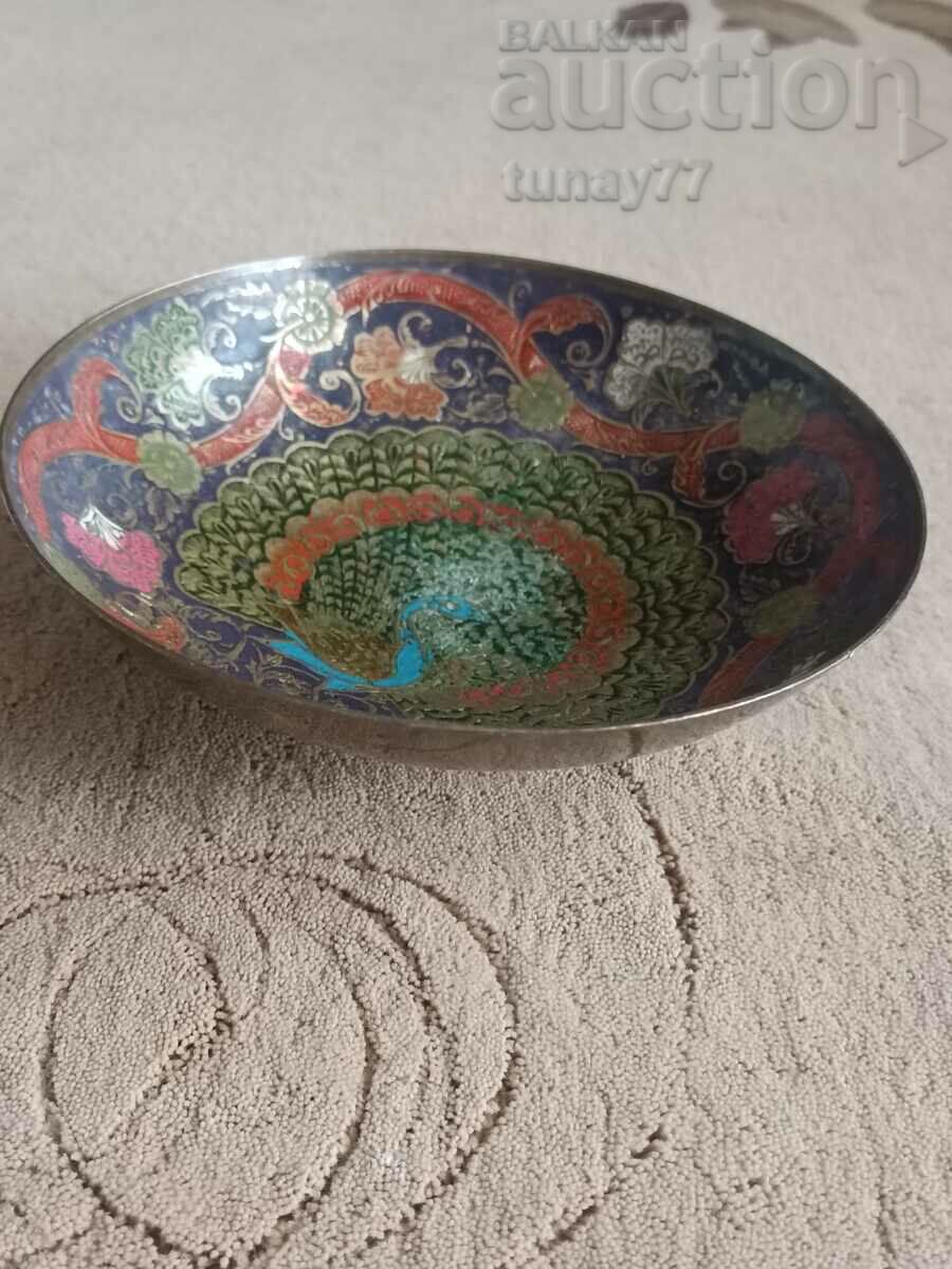 Vintage Brass Cloissoine with Floral Peacock Motifs