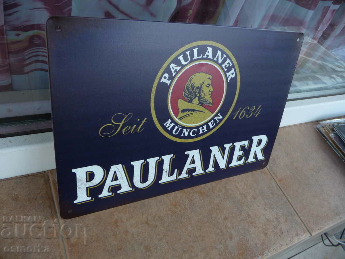 Delivery of Metal beer sign Paulaner Munchen German Munich cloudy sve