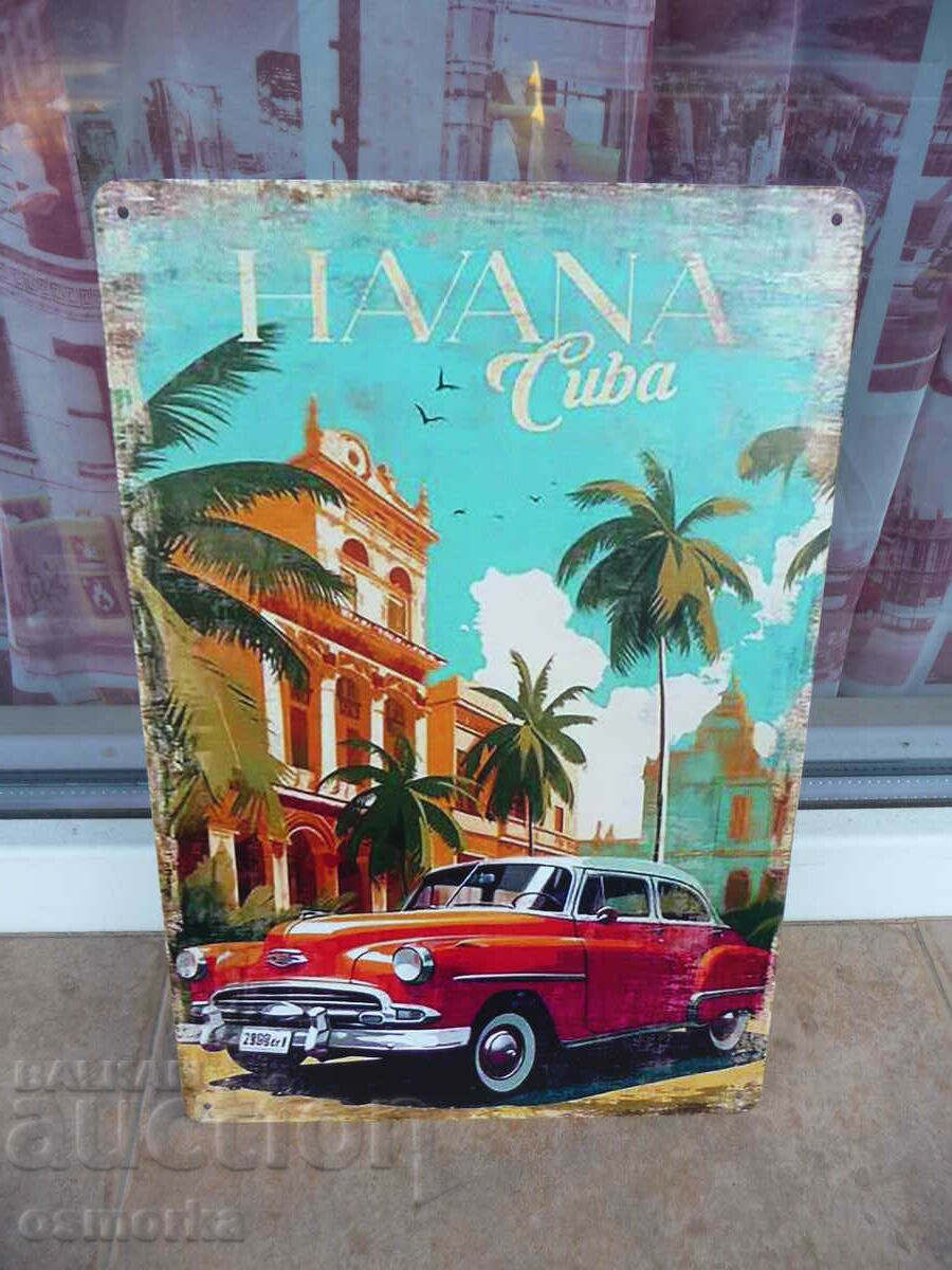 Metal plate rzzni Havana Cuba buildings car palm trees car