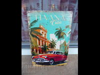 Metal plate rzzni Havana Cuba buildings car palm trees car