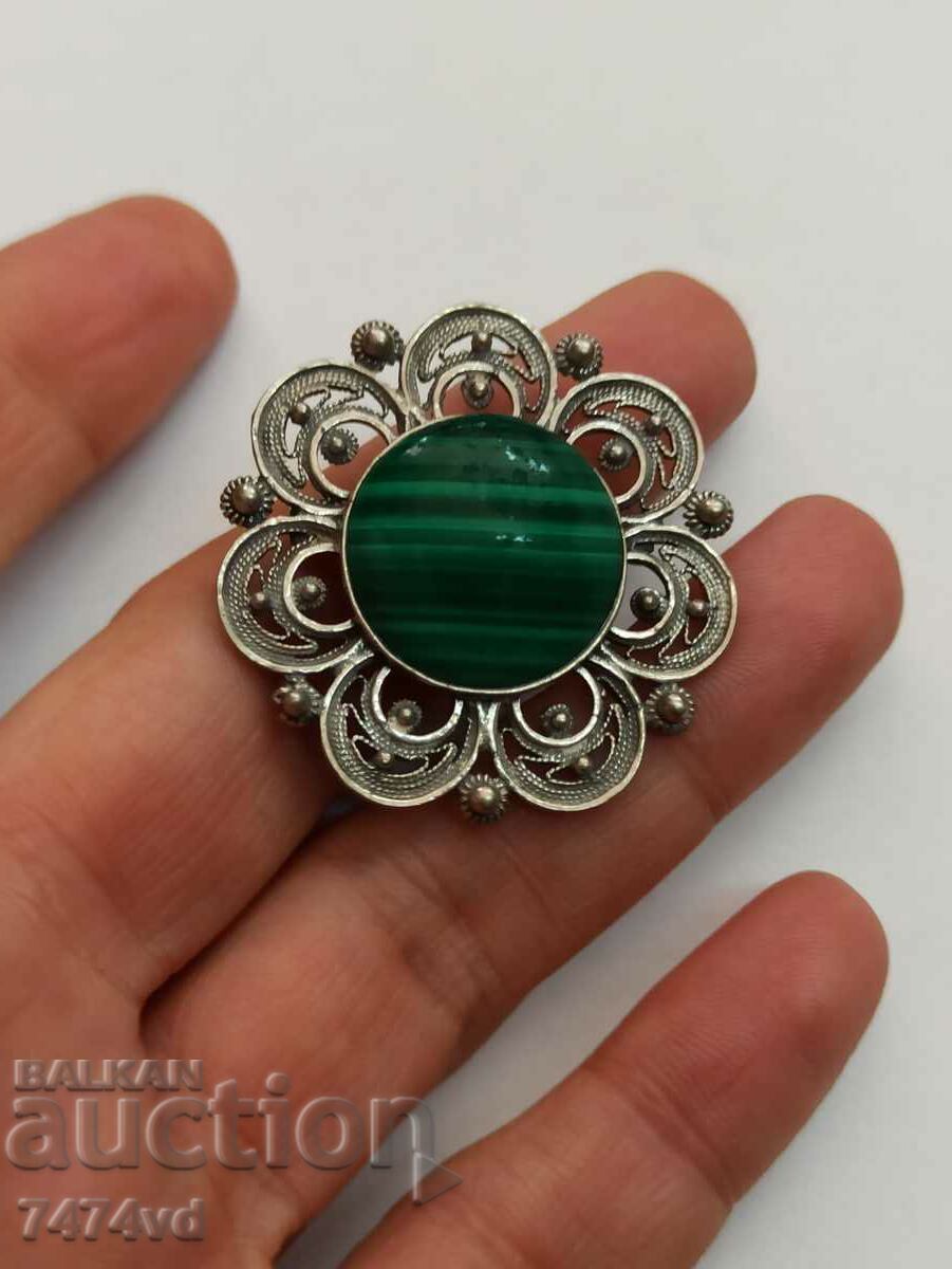 OLD SILVER FILIGREE BROOCH AND LARGE MALACHITE STONE