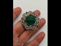 OLD SILVER FILIGREE BROOCH AND LARGE MALACHITE STONE