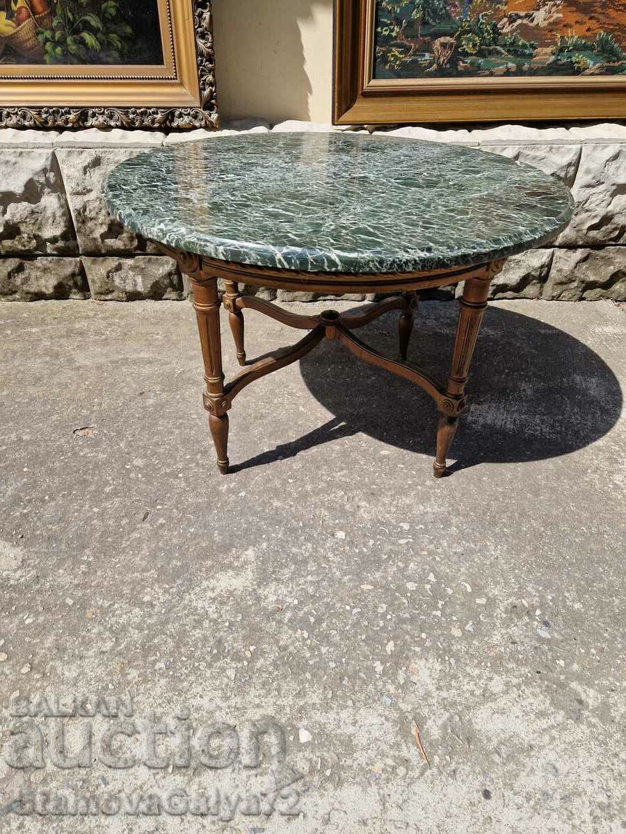 Beautiful German antique solid wood coffee table with marble top