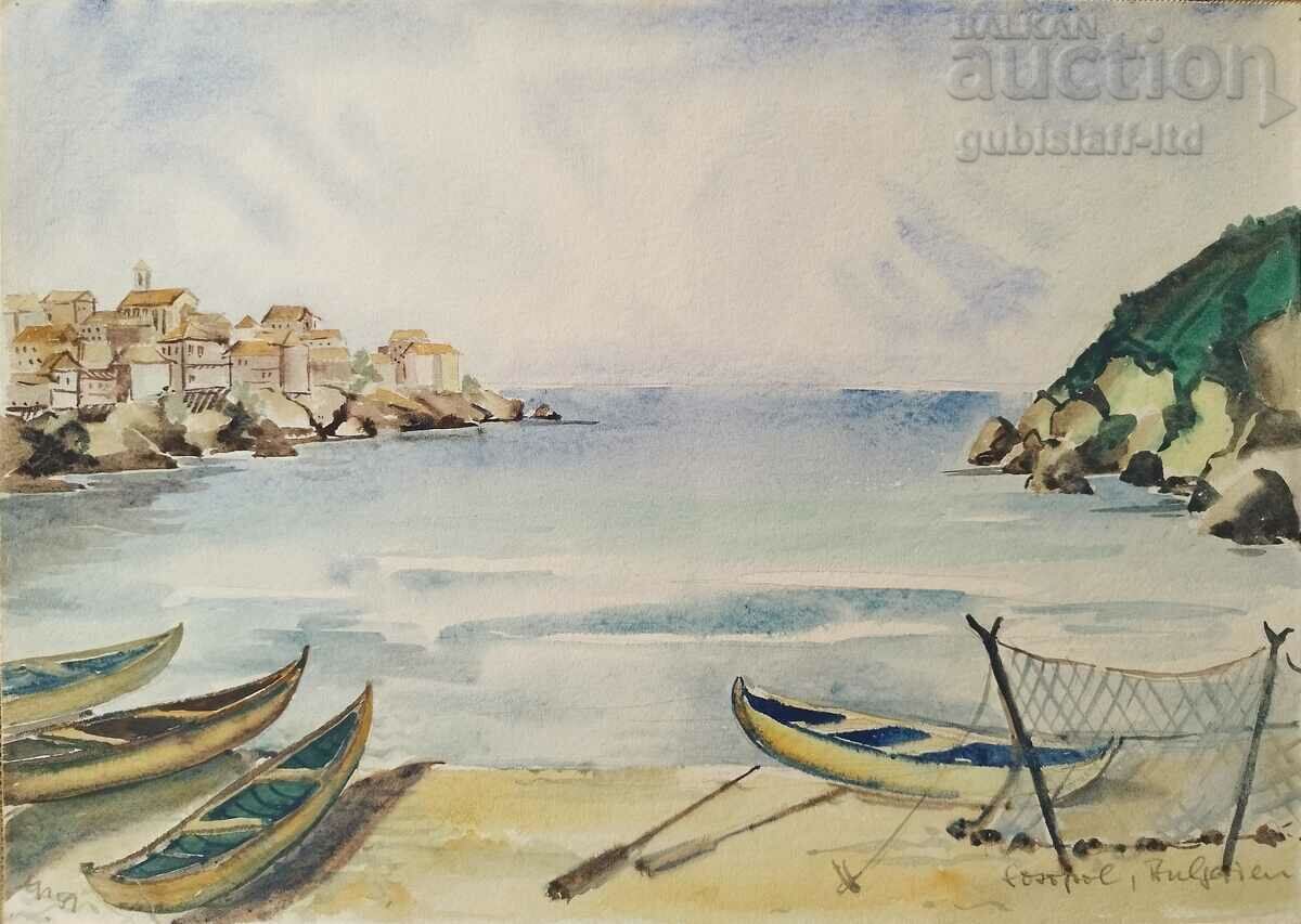 Pictură, peisaj, Sozopol, artist german, anii 1980.