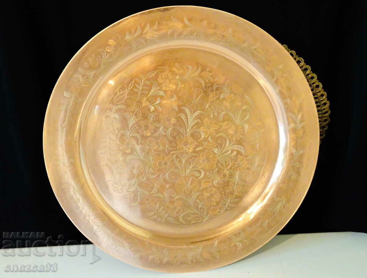 Copper tray, panel, engraved, 38 cm. - 5 Copper tray, panel, engraved, 38 cm. - 5