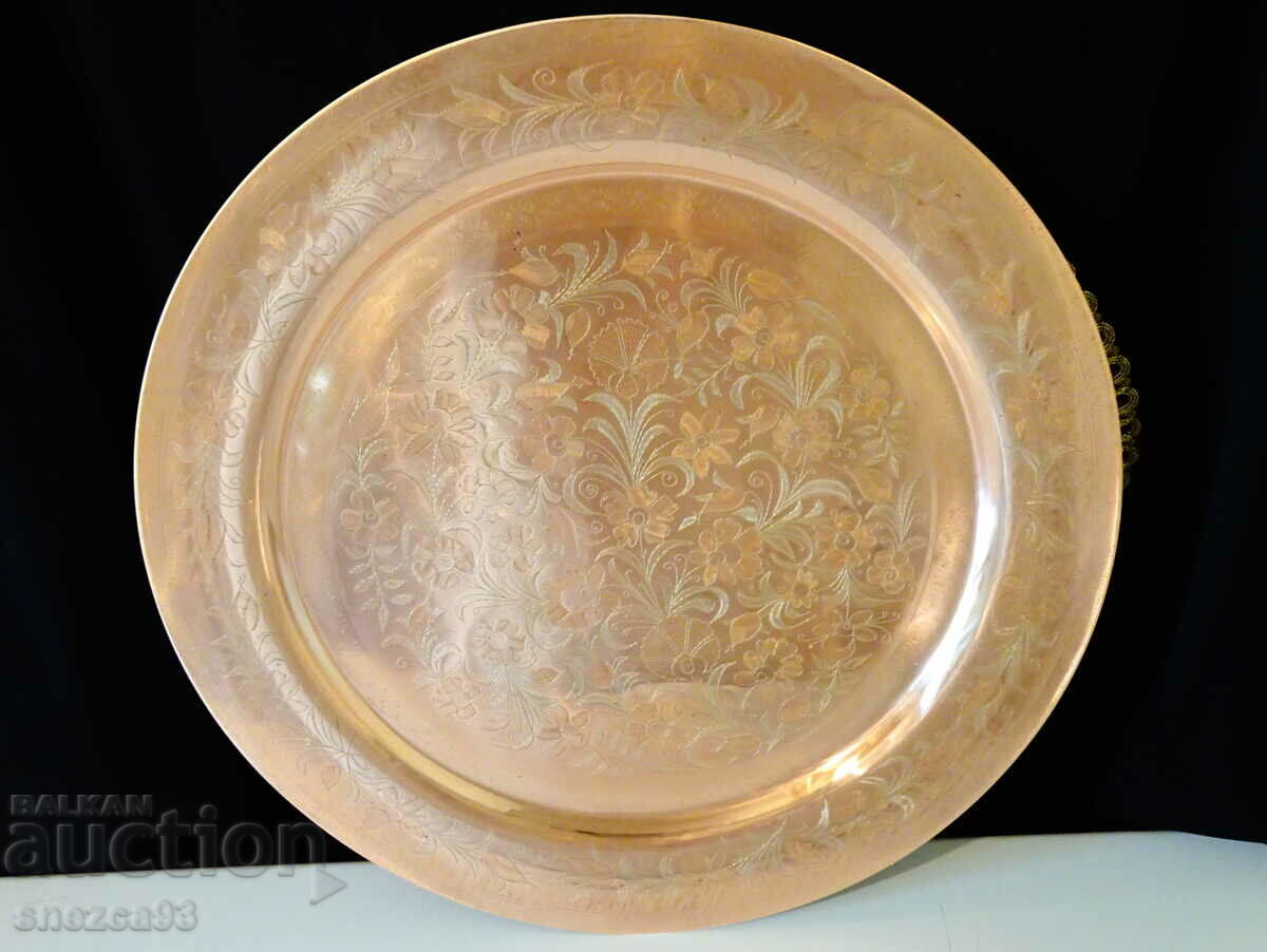 Copper tray, panel, engraved, 38 cm.