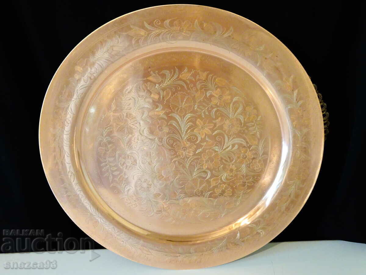 Copper tray, panel, engraved, 38 cm. Copper tray, panel, engraved, 38 cm.