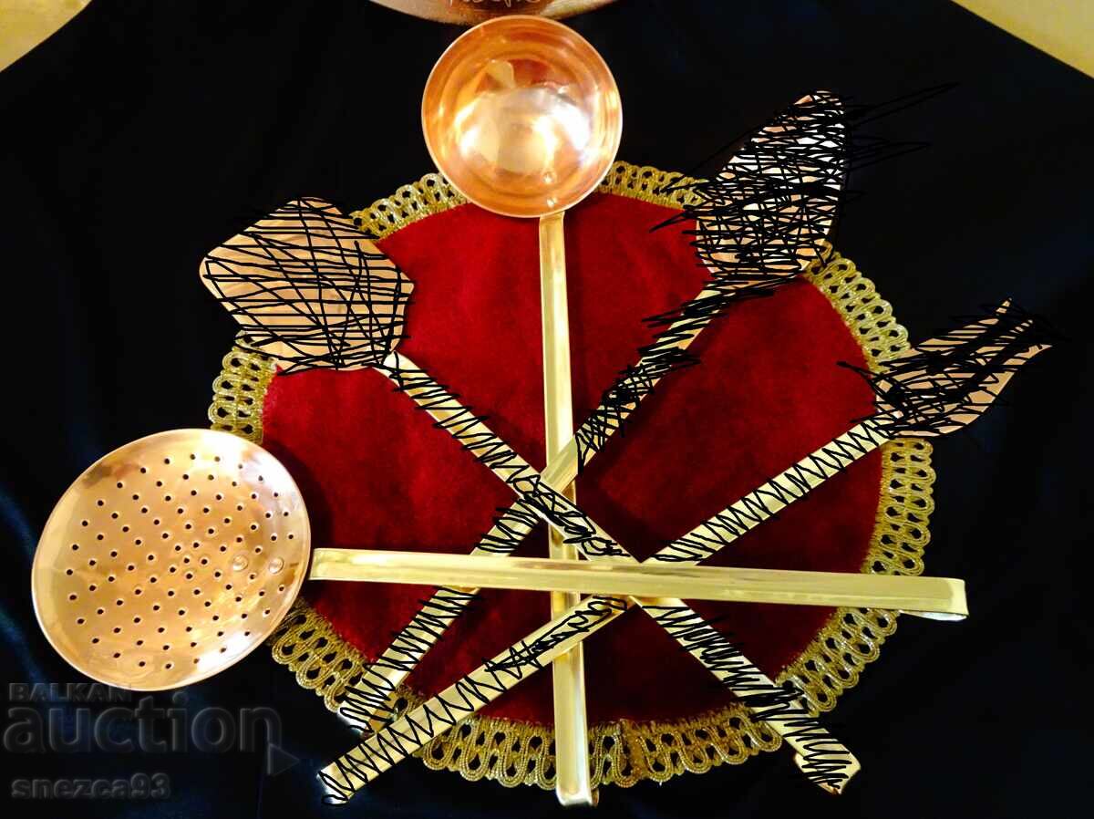 Copper cooking utensils - ladle and slotted spoon