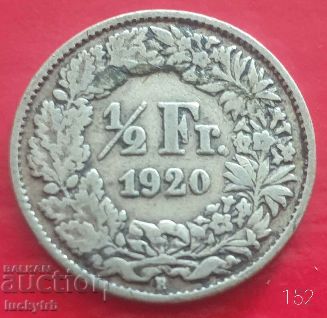 1/2 franc 1920 - Switzerland - Silver - Uncleaned