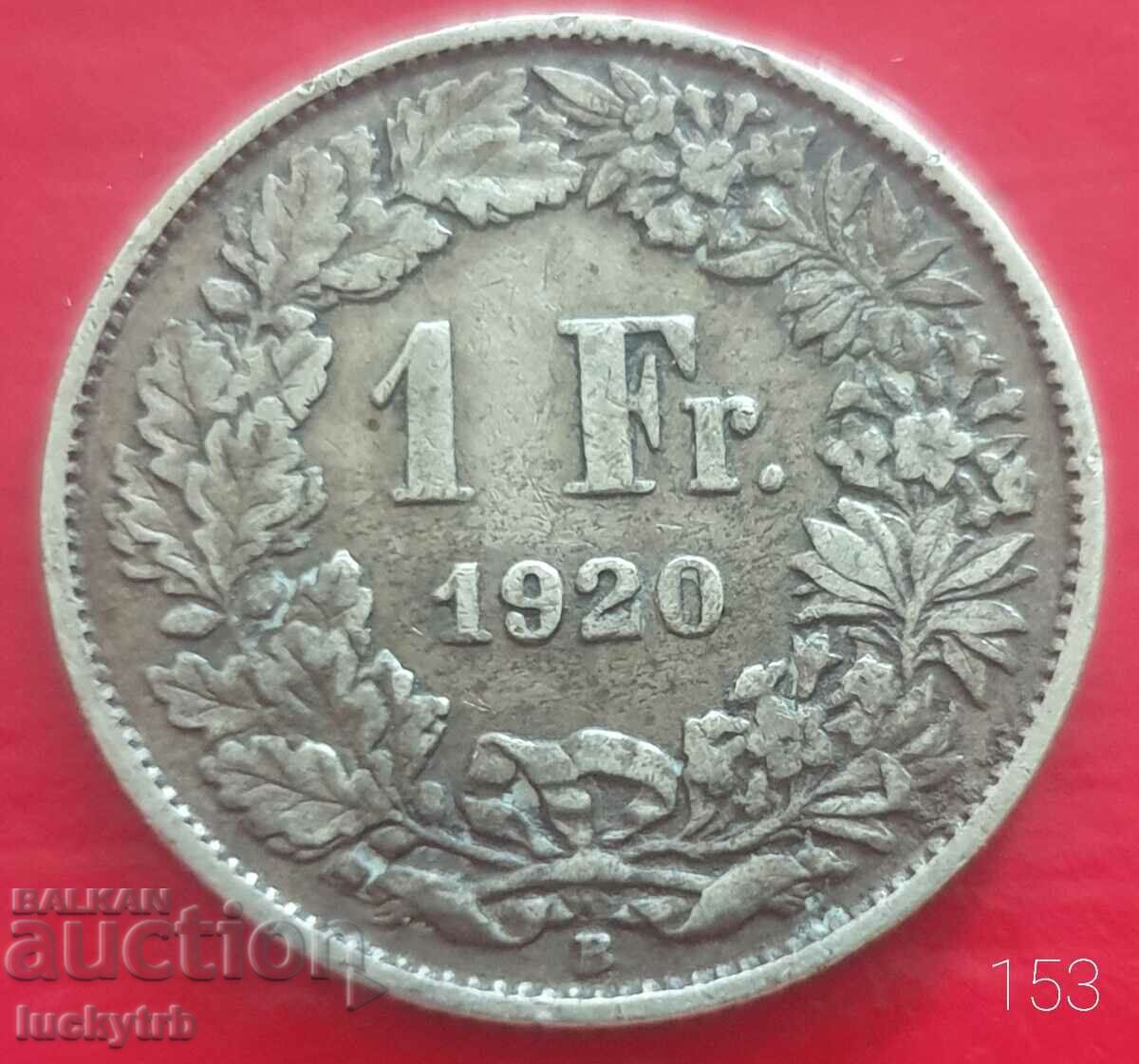 1 franc 1920 - Elveția - Argint - Necurățat