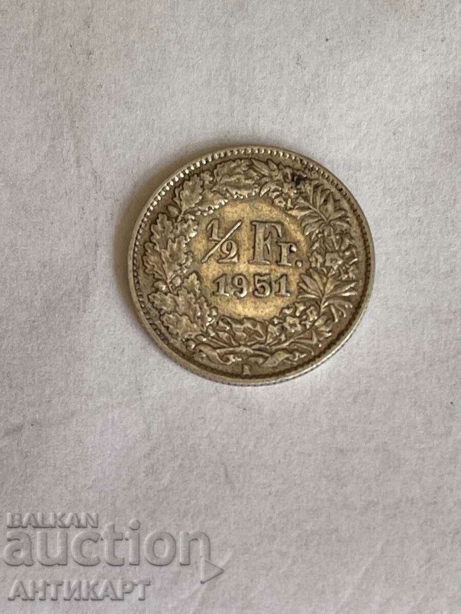 monedă de argint 1/2 franc argint Elveția 1951