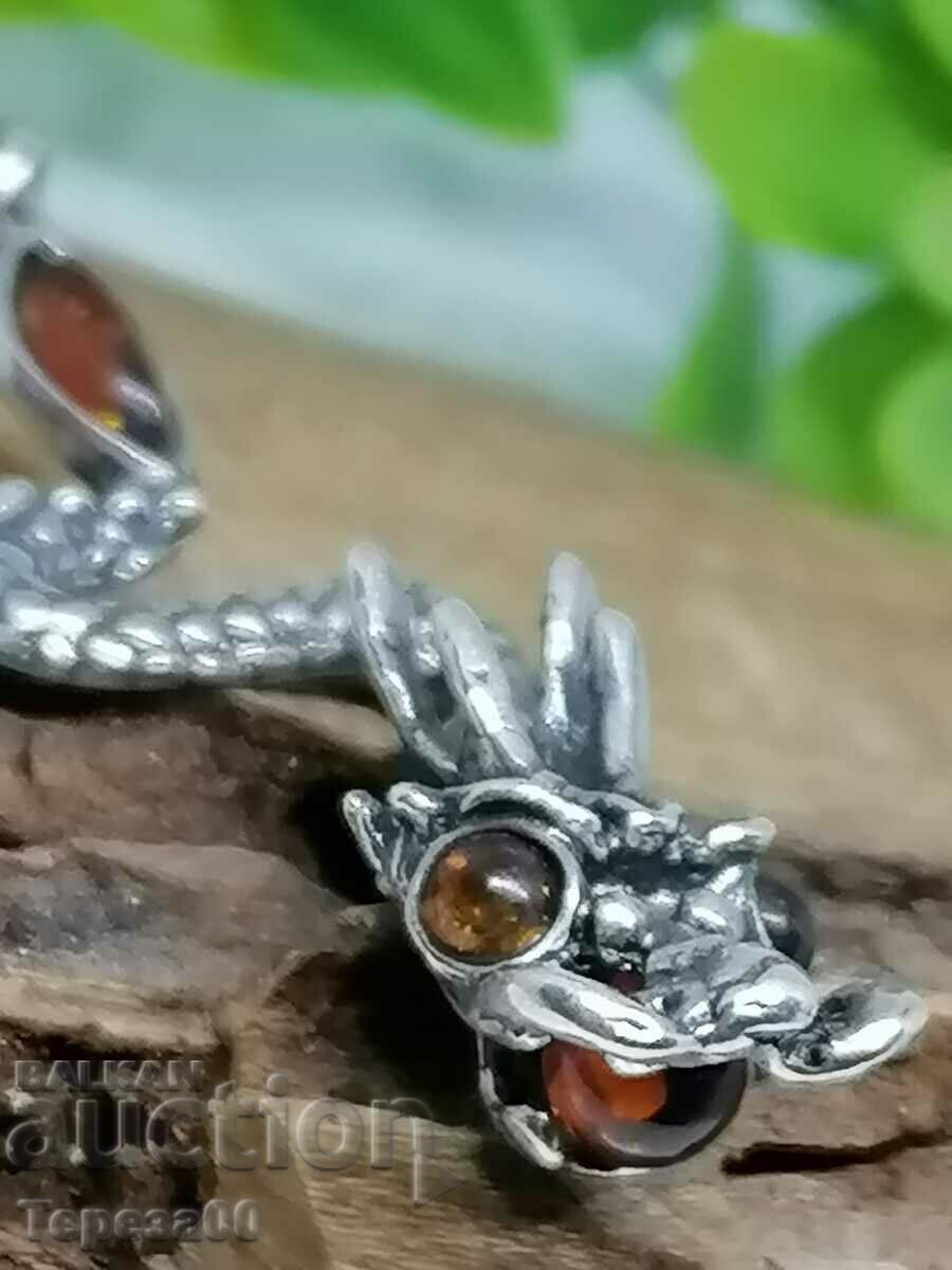 Silver dragon necklace with amber 11.32g