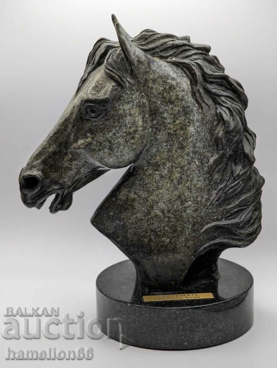 Old bronze sculpture, horse, granite, bronze, enamel. Chess Mat