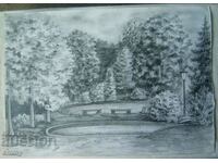 Old pencil drawing - Lake in the park