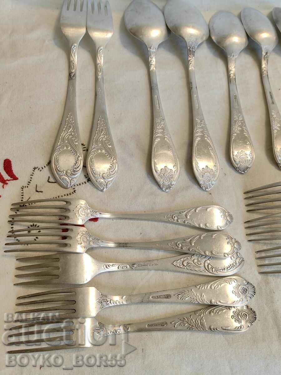 Delivery of 18 Russian Social USSR Silver Plated Melchior Forks and Spoons 1970s Delivery of 18 Russian Social USSR Silver Plated Melchior Forks and Spoons 1970s