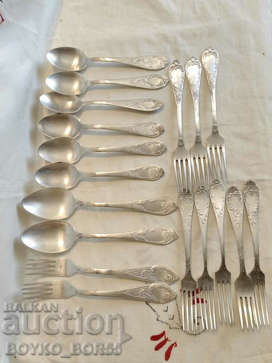 18 Russian Social USSR Silver Plated Melchior Forks and Spoons 1970s