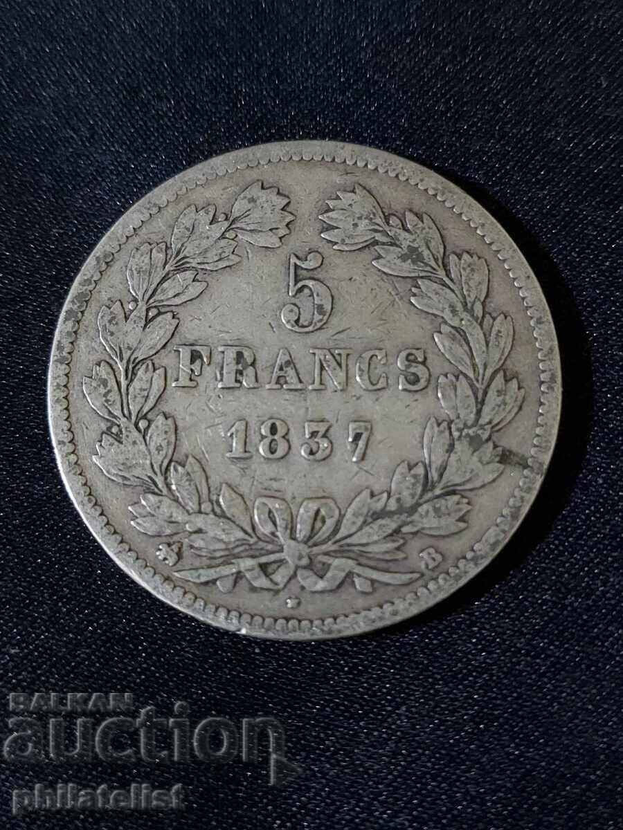 Franța 1837 B - 5 Franci - Monedă de argint #1