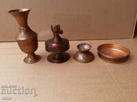 Lot of old copper dishes, lamp, vase, candlestick, etc. - 4 pieces