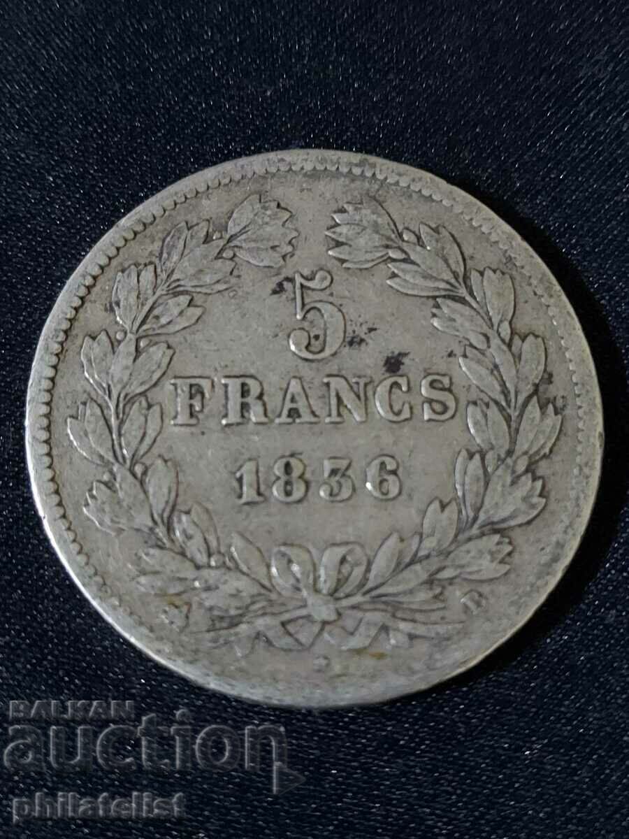 Franța 1836 B - 5 Franci - Monedă de argint