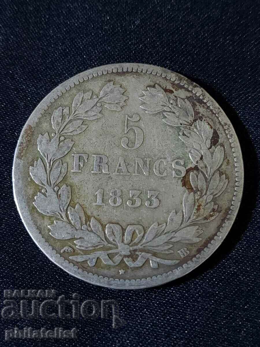 France 1833 BB - 5 Francs - Silver Coin