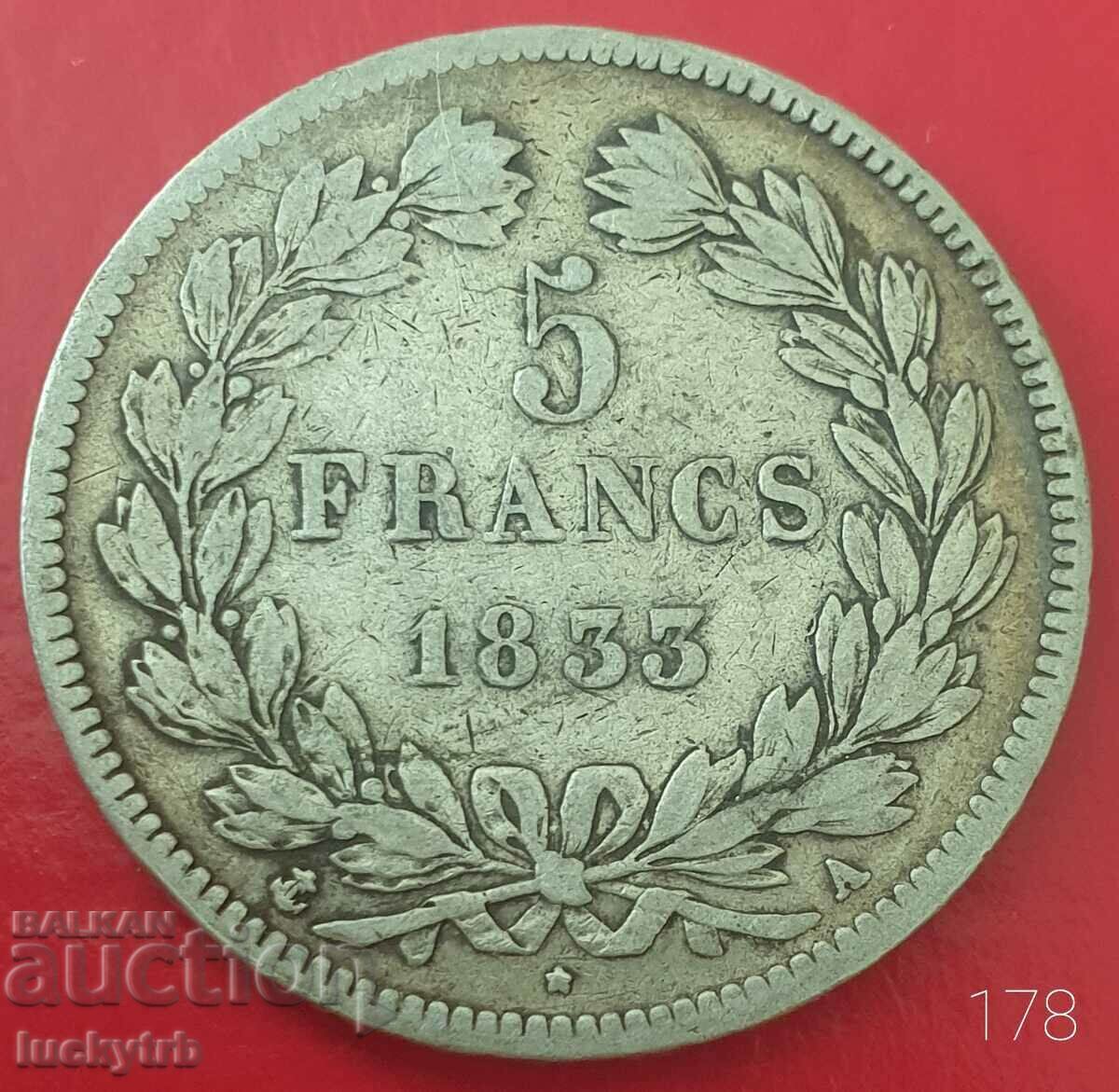 5 franci 1833 "A" - Franta - Argint