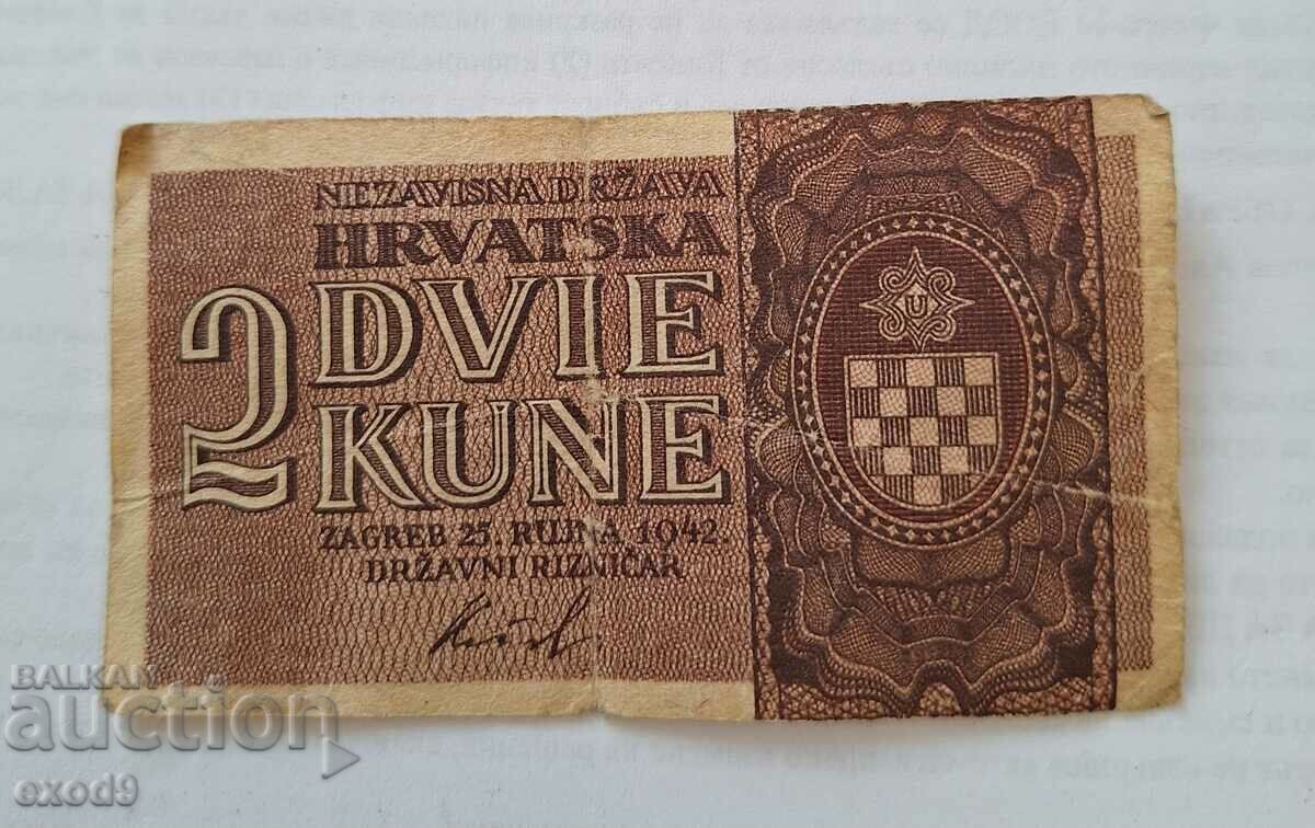 Old Banknote 2 Kuni 1942 Croatia / BZC!